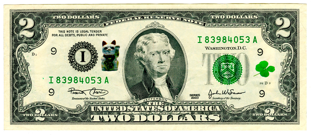 Inkjet on two-dollar bill. 1000 dollar bill. Inkjet on two-dollar bill.
