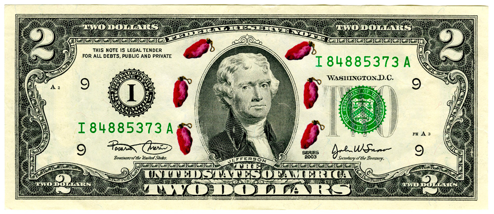 1000 dollar bill. Inkjet on two-dollar bill.